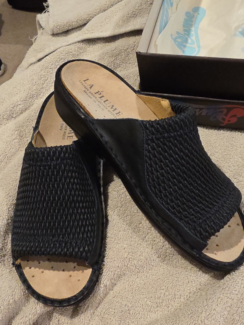Dark Blue Woven Flexible Leather LaPlume Slide Clogs for Women Size 9.5 +/-